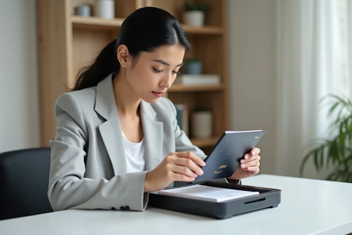 Femme scannant un passeport biométrique sur un scanner à plat dans un bureau moderne
