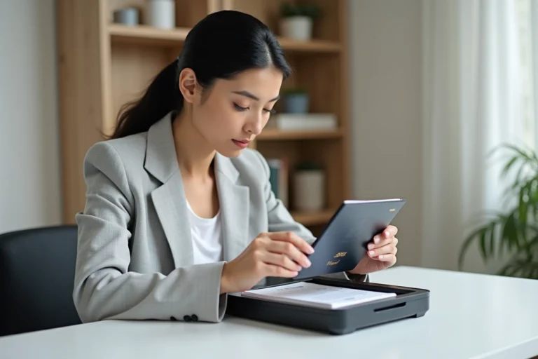 Femme scannant un passeport biométrique sur un scanner à plat dans un bureau moderne