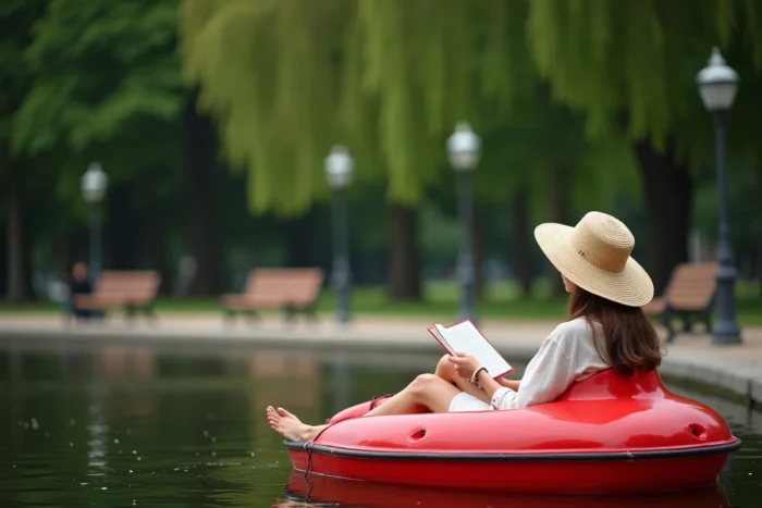 Jeune femme seule en pédalo rouge sur un lac dans un parc public parisien lisant un livre