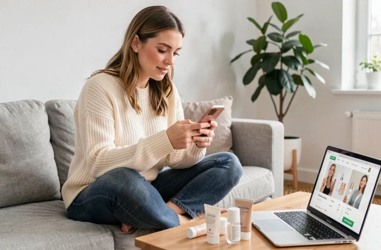 Femme parcourant une application de shopping beauté sur son smartphone entourée de produits de soin sur une table basse