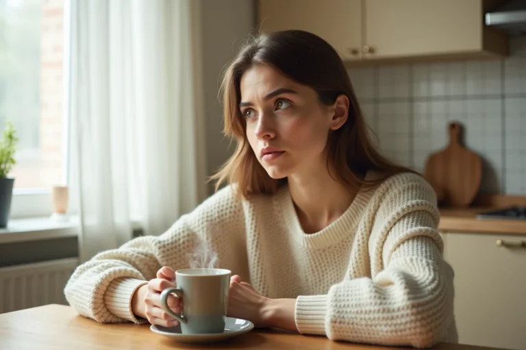 Jeune femme tenant une tasse de thé détox à base de plantes dans une cuisine moderne, expression hésitante