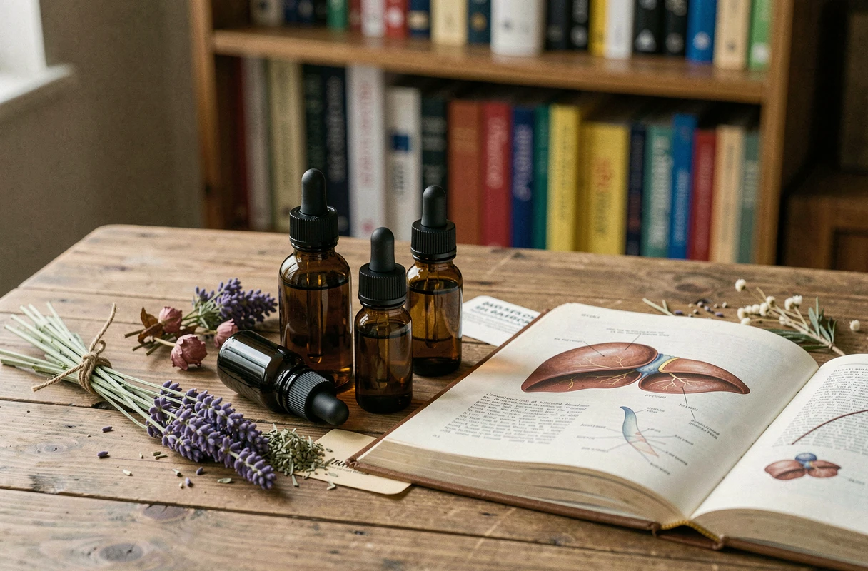 Flacons d'huiles essentielles, herbes séchées et livre d'anatomie ouvert sur un schéma du foie, illustrant les dangers potentiels des huiles essentielles pour la santé hépatique