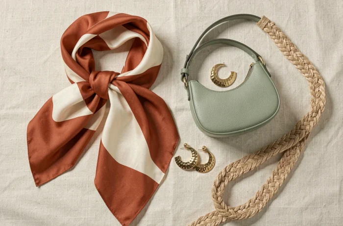 Flat lay des accessoires incontournables de la mode 2024 sur fond de lin crème : foulard en soie, mini sac en cuir vert sauge, boucles d'oreilles en or et ceinture en raphia tressé