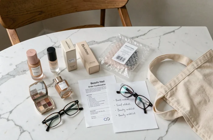 Flat-lay de produits de beauté commandés en ligne disposés sur une surface en marbre blanc avec emballages et bon de commande