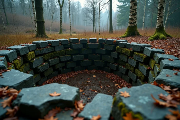 Fosse en pierre ancienne envahie par la mousse dans une forêt nordique, rappelant le supplice légendaire de Ragnar Lothbrok