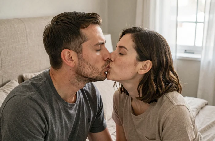 Una pareja intercambiando un French kiss lento y sensual en una habitación acogedora de tonos neutros