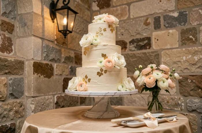 Gâteau de mariage à cinq étages décoré de roses blanches et feuilles d'or sur fond de mur en pierre