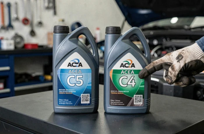 Gros plan sur deux bouteilles d'huile moteur ACEA C3 et C4 posées sur un établi d'atelier