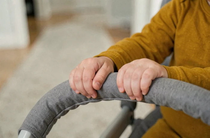 Gros plan des mains d'un bébé agrippant la barre rembourrée d'un youpala dans un couloir à parquet clair