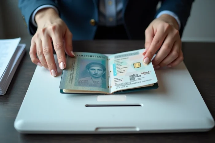 Gros plan d'un passeport biométrique ouvert posé sur un scanner à plat dans un bureau administratif