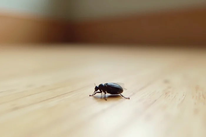 Gros plan macro d'une puce noire sur un parquet en bois clair, détails anatomiques visibles