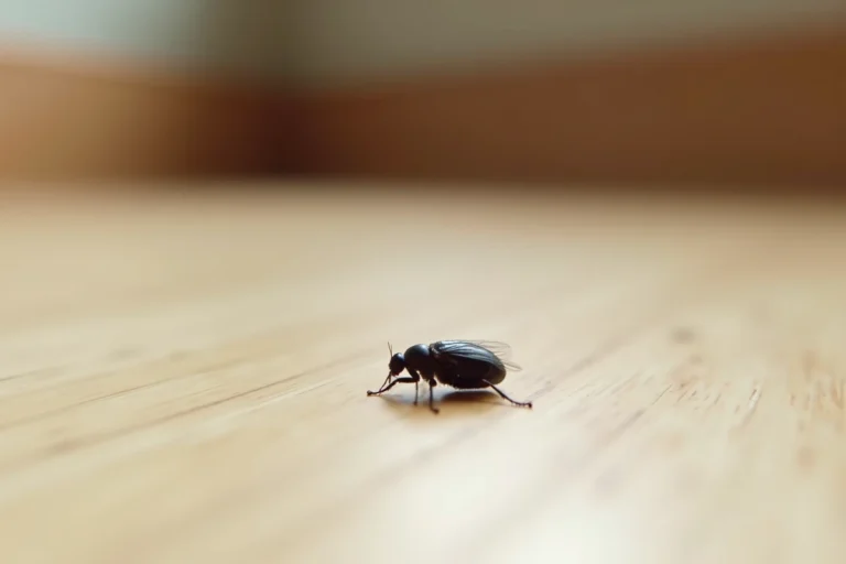 Gros plan macro d'une puce noire sur un parquet en bois clair, détails anatomiques visibles