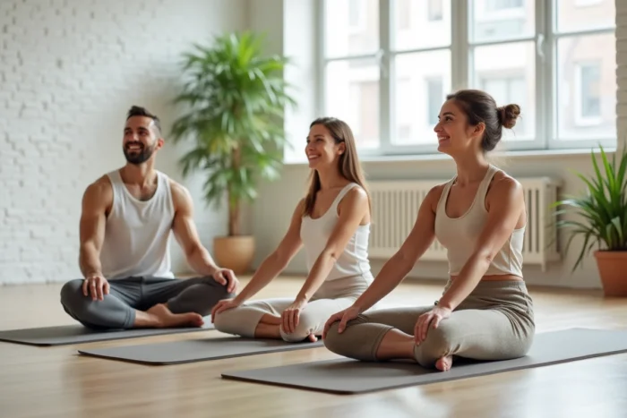 Groupe de sportifs adultes pratiquant des étirements et la récupération après l'entraînement dans un studio de yoga lumineux, symbolisant le bien-être et la santé par le sport