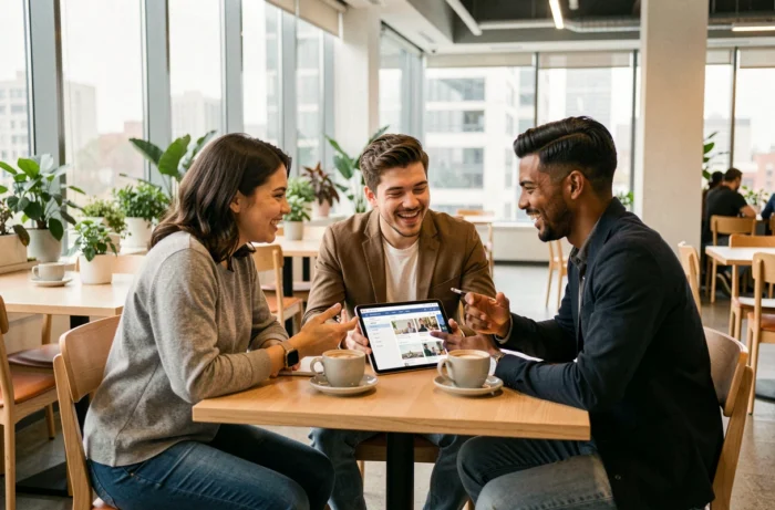 Groupe de jeunes professionnels discutant d'offres d'emploi en ligne autour d'une tablette dans une cafétéria de bureau