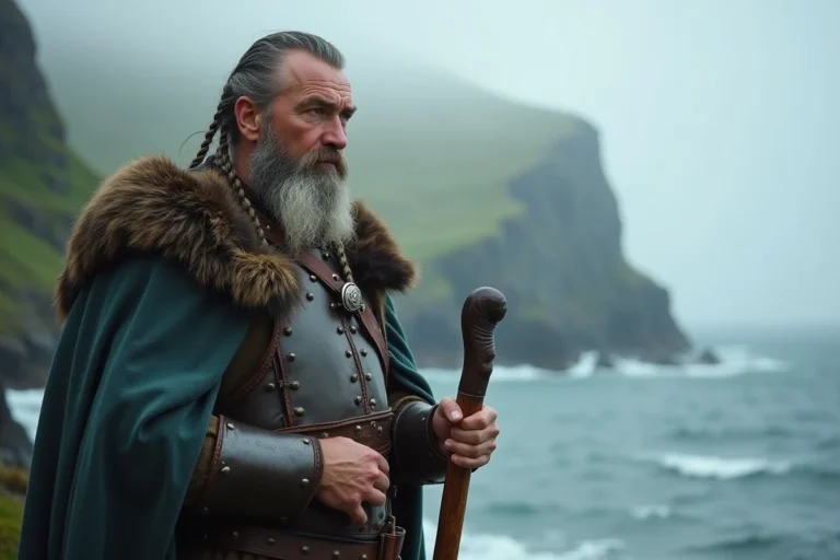 Guerrier viking en costume d'époque debout face à un fjord brumeux, évoquant la légende de Ragnar Lothbrok