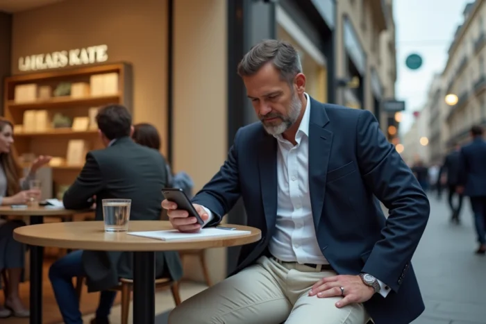 Homme consultant l'application programme fidélité Galeries Lafayette sur son smartphone dans le magasin