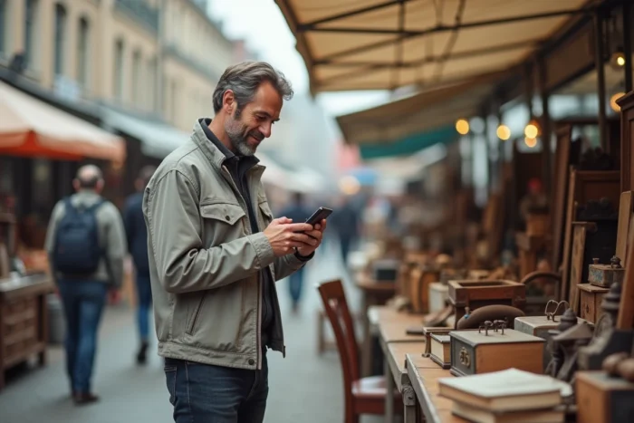 Homme utilisant une application de petites annonces sur smartphone dans un marché aux puces animé