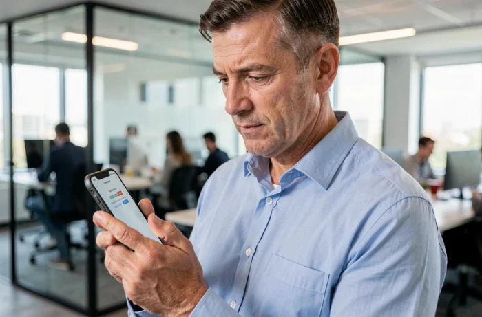 Hombre en camisa azul consultando un código de verificación en su smartphone en una oficina profesional moderna