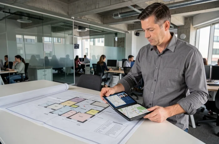 Homme comparant un plan architectural imprimé avec une carte numérique sur tablette dans un bureau professionnel