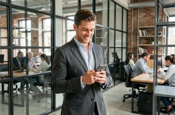 Homme en costume consultant un portail d'emploi sur son smartphone dans un espace de coworking moderne