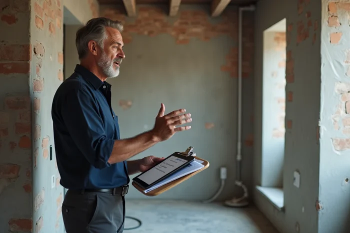 Homme consultant une formation CNED d'architecture d'intérieur sur tablette dans un appartement en rénovation