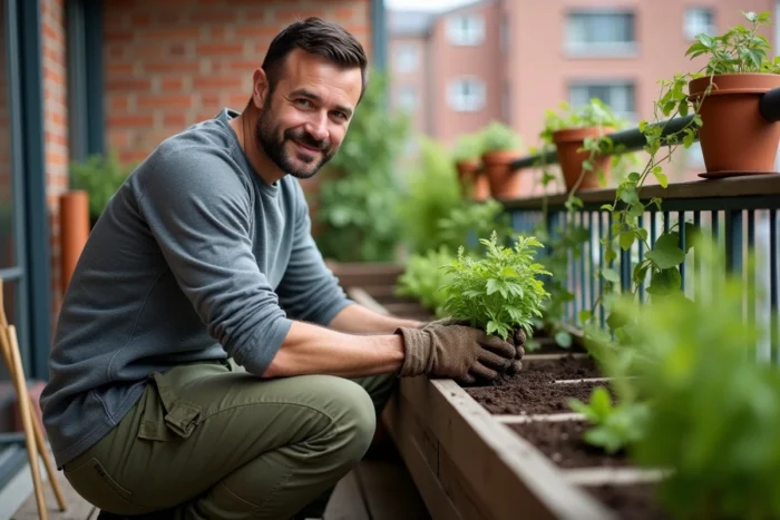 Homme jardinant sur une terrasse urbaine, rempotage de plantes aromatiques comme loisir