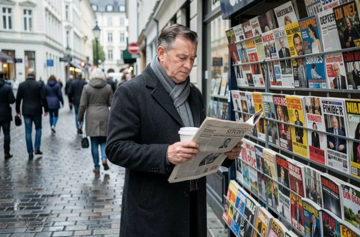 Homme lisant un journal au kiosque à journaux dans une rue animée de la ville