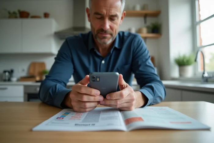 Homme photographiant la page biométrique d'un passeport avec un smartphone sur une table en bois