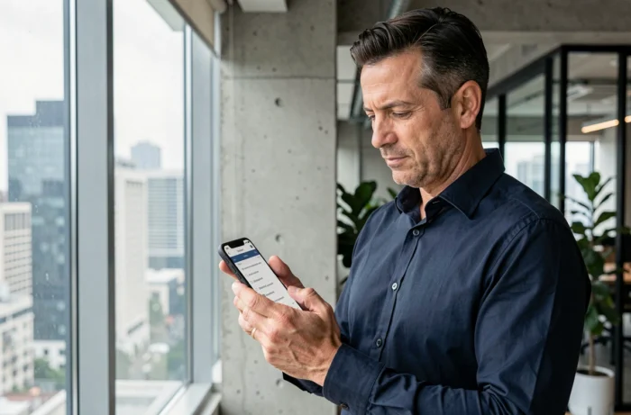 Homme consultant le sitemap d'un site mobile sur smartphone dans un bureau moderne avec vue urbaine