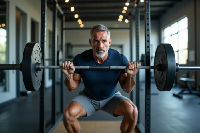 Homme musclé effectuant un squat avec barre dans une salle de sport moderne, représentant la performance sportive et le renforcement musculaire