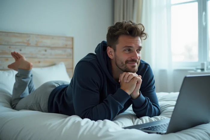 Homme regardant La Flamme en streaming gratuit sur son ordinateur portable allongé sur son lit