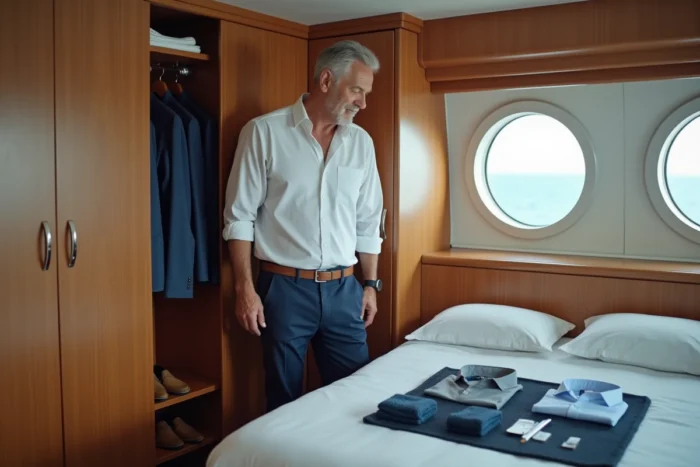 Homme préparant sa valise capsule élégante dans une cabine de croisière de luxe sur Le Ponant