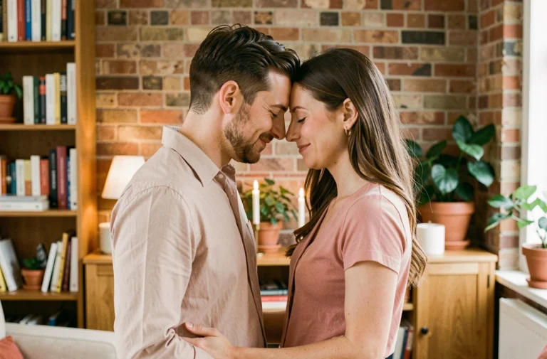 Un couple dans la trentaine se touchant le front dans un salon chaleureux, évoquant la tendresse et la complicité amoureuse