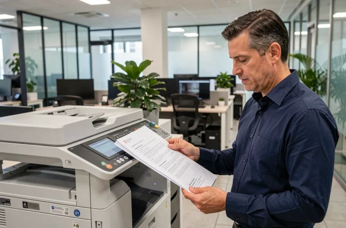 Homme en entreprise tenant un document PDF imprimé sur plusieurs pages devant une imprimante multifonction professionnelle