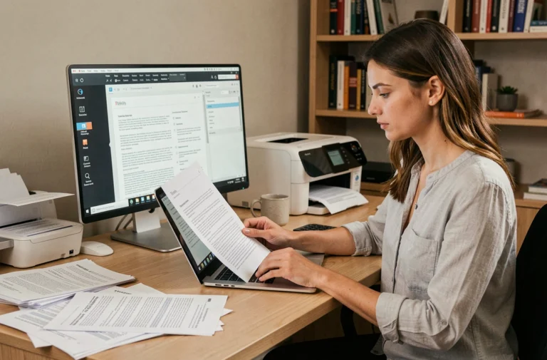 Femme travaillant sur un document PDF à imprimer sur plusieurs pages depuis son bureau à domicile avec imprimante et ordinateur