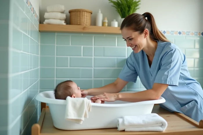 Infirmière pédiatrique donnant le bain à un nourrisson dans une baignoire ergonomique lors d'une démonstration de puériculture à domicile