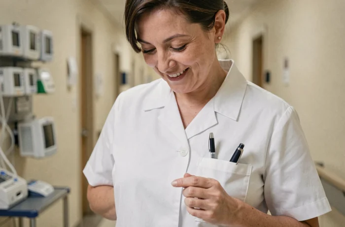 Infirmière portant une pochette artisanale cousue sur sa blouse blanche dans un couloir d'hôpital, accessoire pratique fait main