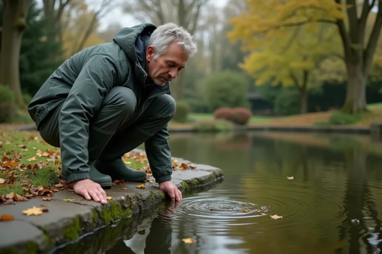 Homme inspectant les berges et la qualité de l'eau d'un étang naturel dans un jardin privé avant achat