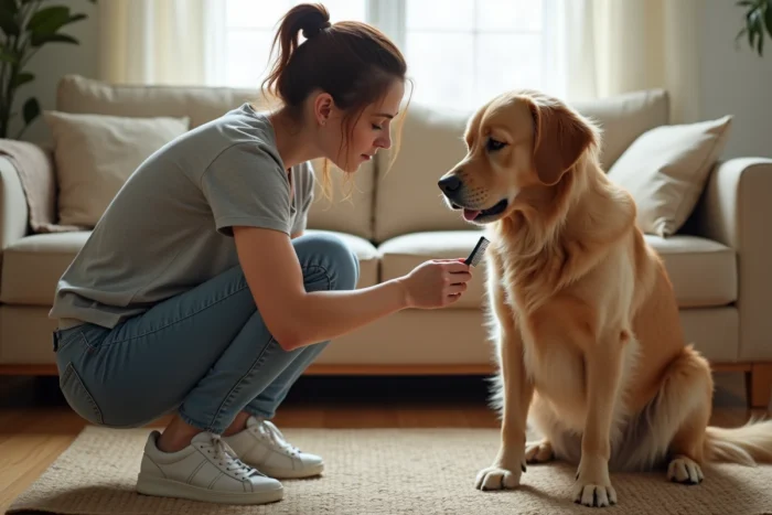 Femme inspectant la fourrure de son chien à la recherche de puces sauteuses à domicile