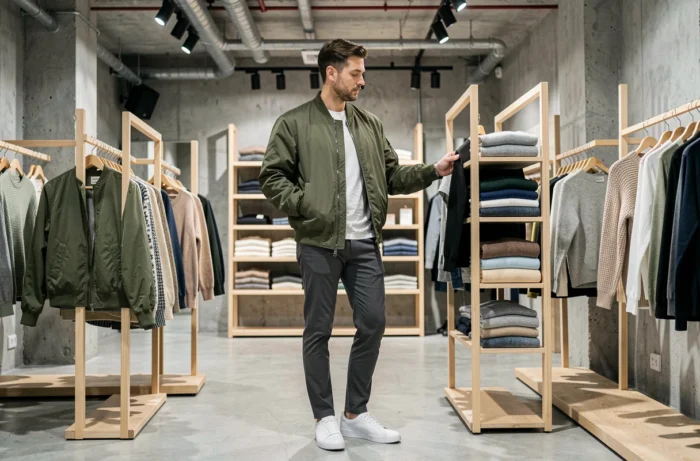 Homme en veste bomber olive explorant des vêtements dans un concept store minimaliste moderne, inspirations mode masculine