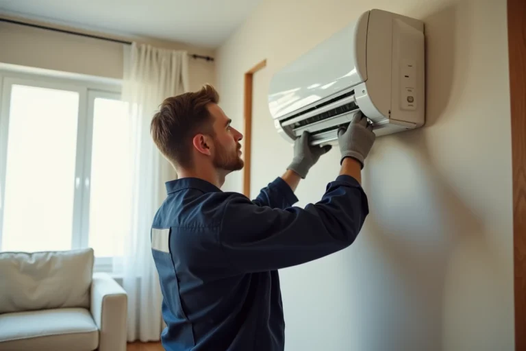 Technicien en climatisation installant une unité intérieure de climatisation split sur un mur de salon moderne