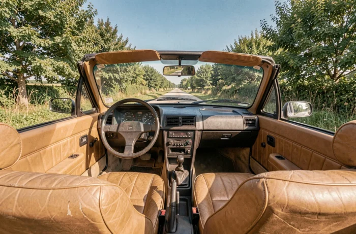 Authentisches Interieur eines gebrauchten Peugeot 305 Cabriolet mit Armaturenbrett der 80er Jahre und Ledersitzen