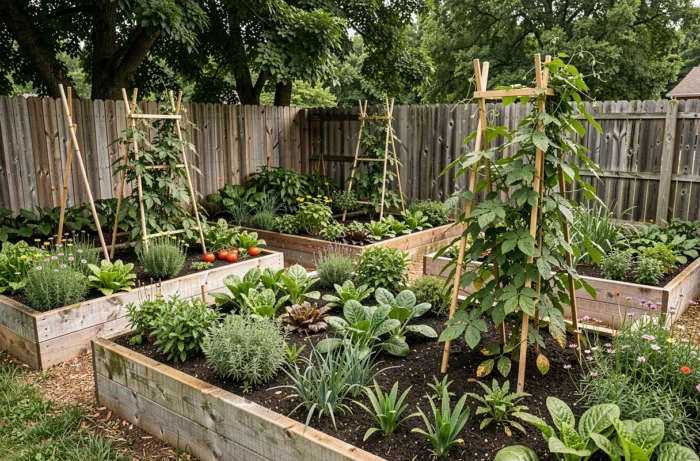 Jardin potager naturel et diversifié avec des buttes de culture, des tuteurs en bois et un mélange de légumes et herbes aromatiques en pleine saison estivale