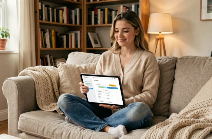Jeune femme explorant la page sitemap d'un site mobile sur tablette dans un salon confortable