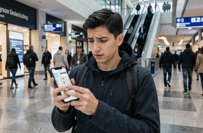 Jeune homme naviguant avec un plan numérique sur smartphone dans un grand espace public