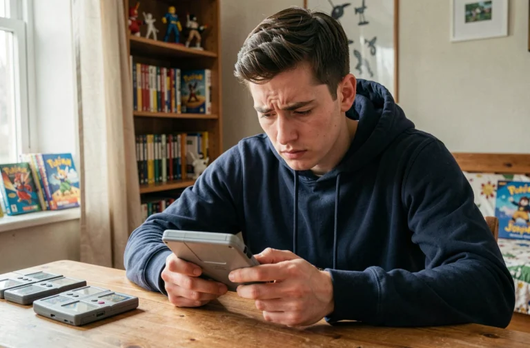 Joueur adulte concentré sur une console Game Boy Advance dans une chambre décorée de jeux Pokémon pour un défi Nuzlocke