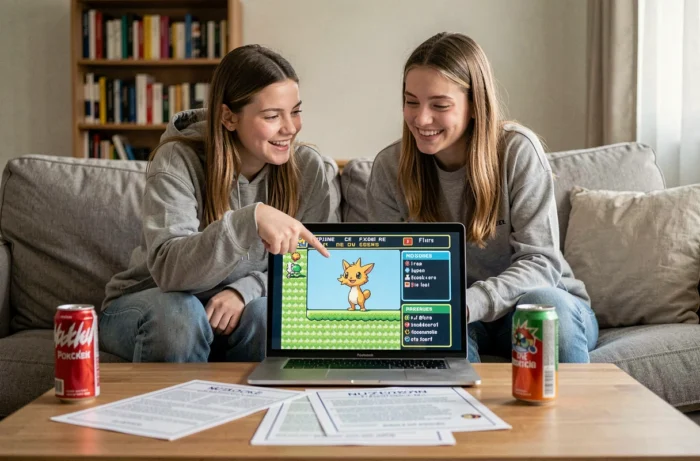 Deux joueuses partageant une session de ROM Pokémon Nuzlocke en français sur un ordinateur portable dans un salon