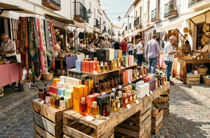 Étal de marché en plein air en Espagne avec des flacons de parfum à prix réduit