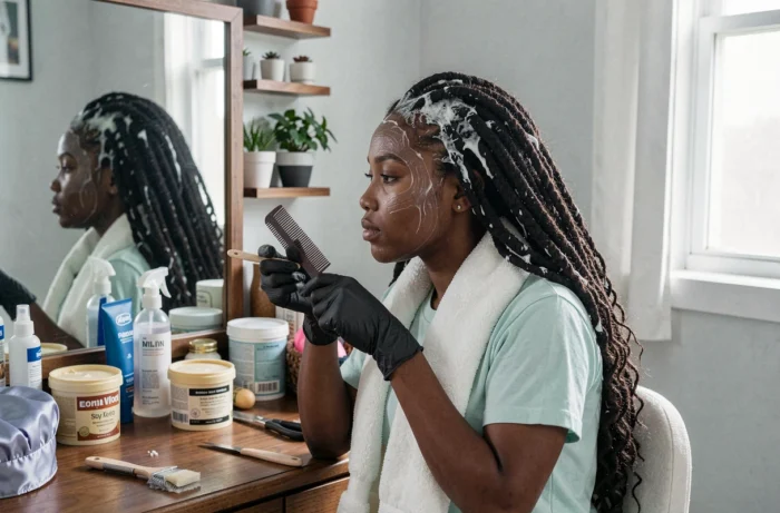 Adolescente noire appliquant un masque hydratant sur ses cheveux crépus devant un miroir de coiffeuse, astuce naturelle pour accélérer la pousse des cheveux