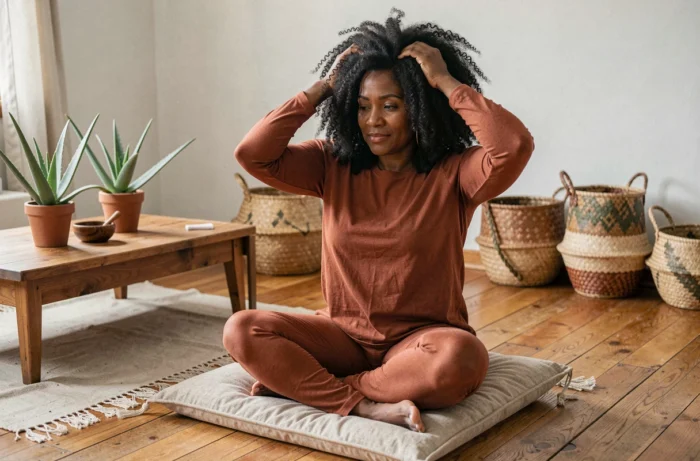 Femme noire massant son cuir chevelu avec de l'huile de ricin pour stimuler la pousse des cheveux crépus, soin naturel à domicile